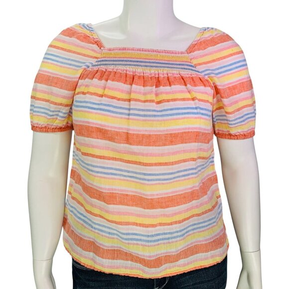 Talbots Womens Square Neck Linen Top Palm Stripe Multicolor Smocked Petite Mp - Picture 2 of 11
